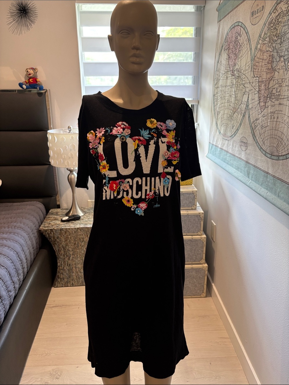 Love Moschino Black Tee Dress with Multicolor Floral Logo